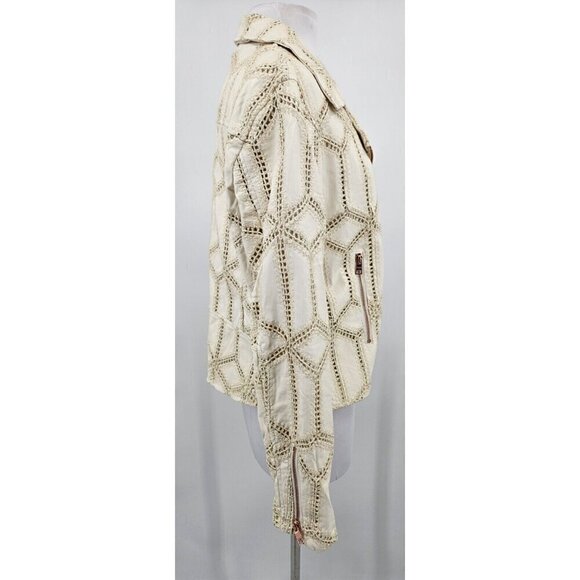 New Tahari Faux Leather Paneled Moto Jacket Womens 14 Cream - Picture 2 of 8